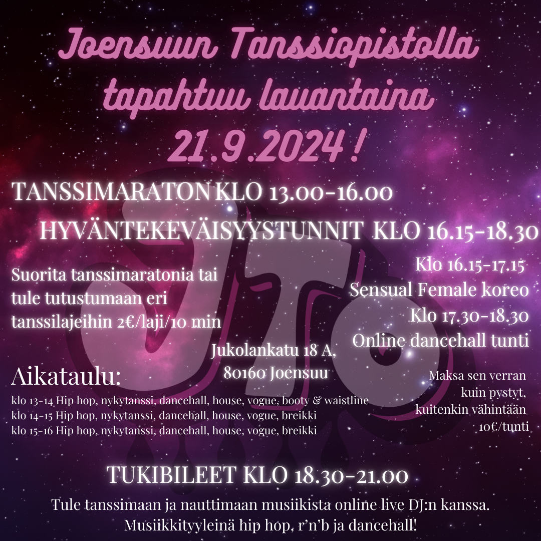 TANSSIMARATON, HYVÄNTEKEVÄISYYSTUNNIT SEKÄ TUKIBILEET LAUANTAINA 21.9.2024!